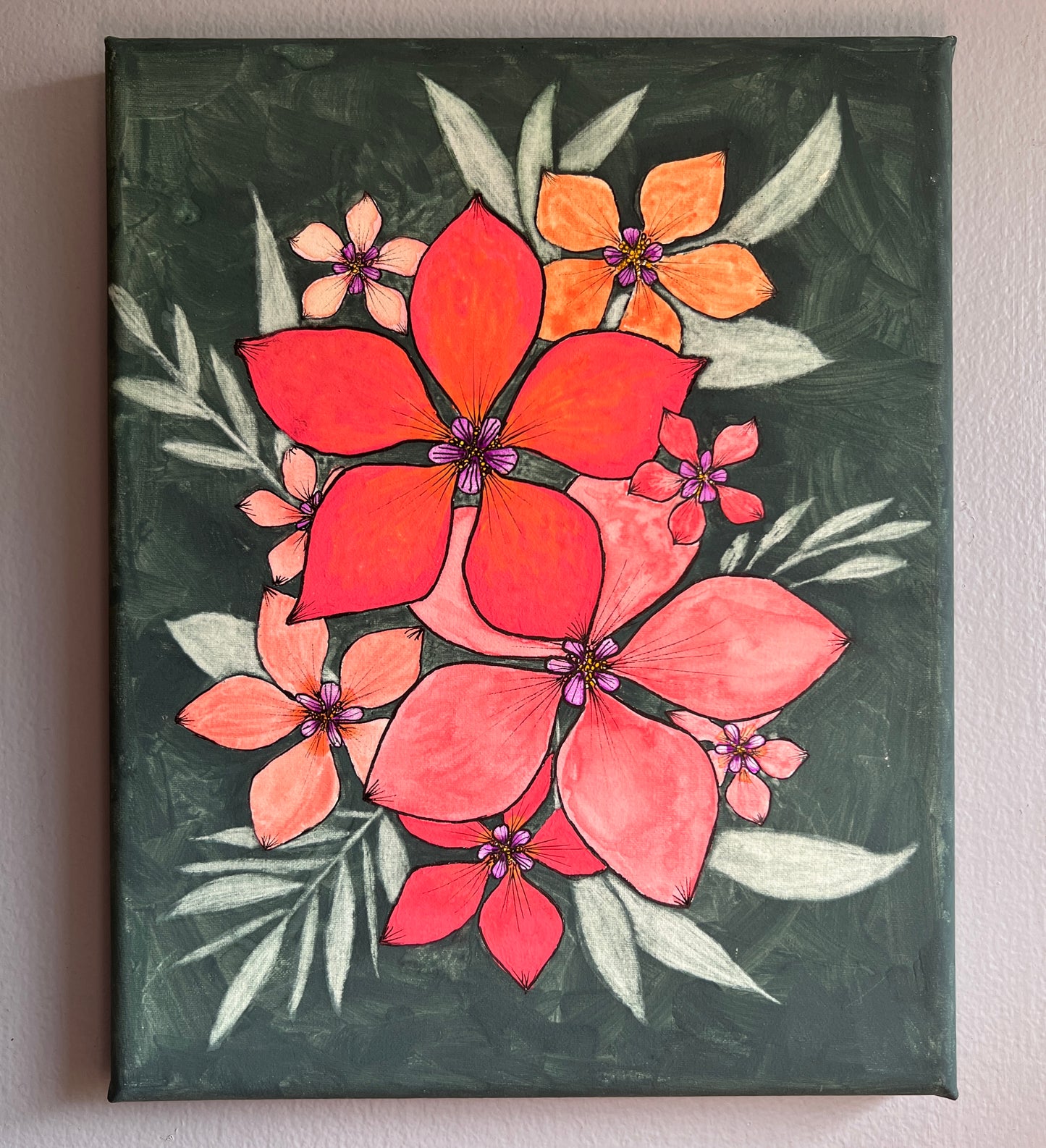 Bright Flowers in shades of coral with a green back ground and lighter green leaves, watercolor and pen on canvas