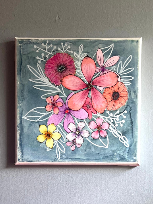 Line & Bloom watercolor and posca pen mixed media artwork hanging on a wall
