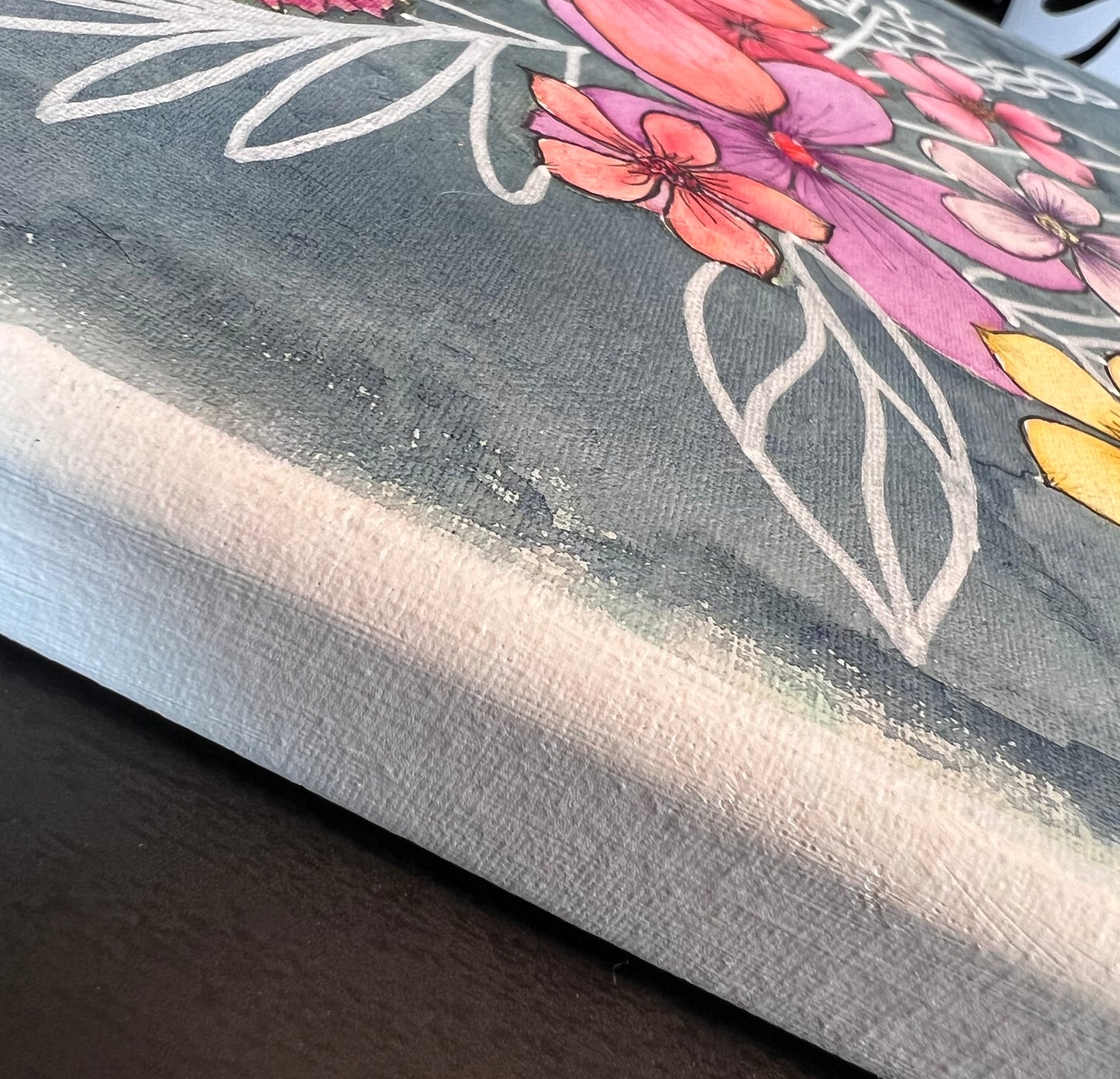 Close up of Line and Bloom showing side view of wrapped canvas