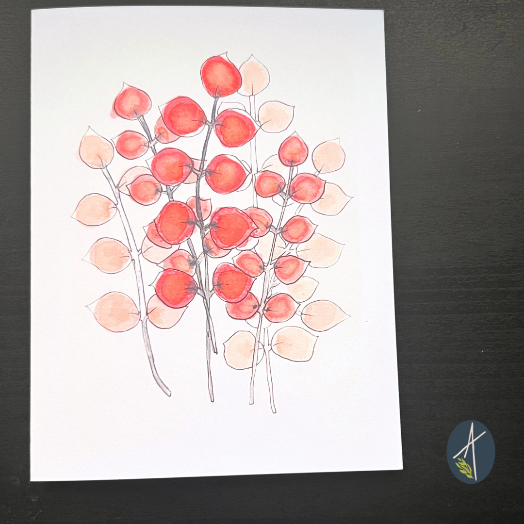 Watercolor Red Coin Flowers Notecard