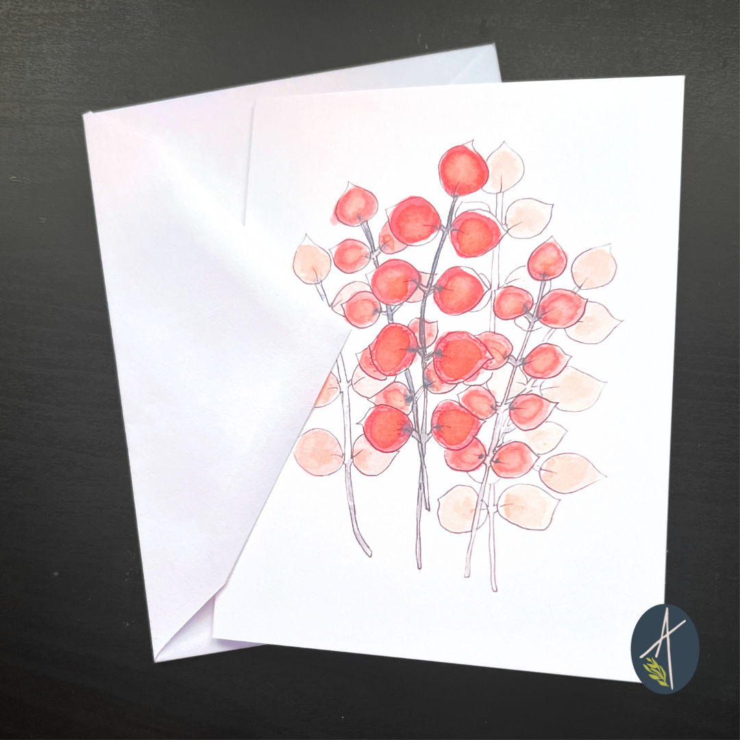Watercolor Red Coin Flowers Notecard with Envelope