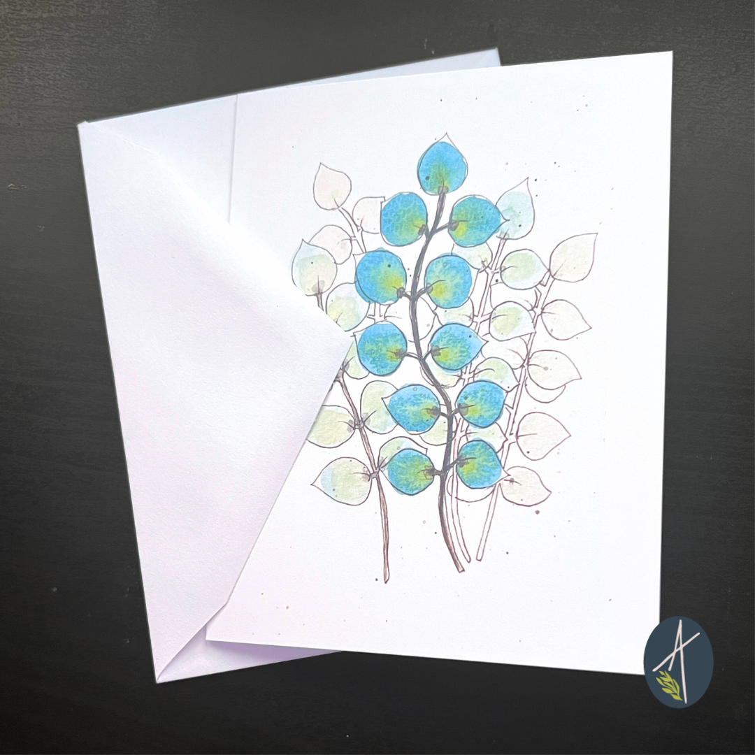 Watercolor Turquoise Coin Flowers Notecard with Envelope