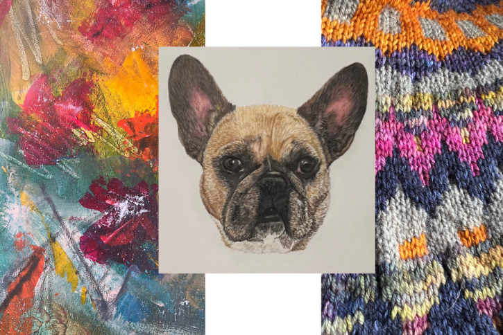 Abstract art, pet portrait and knitting