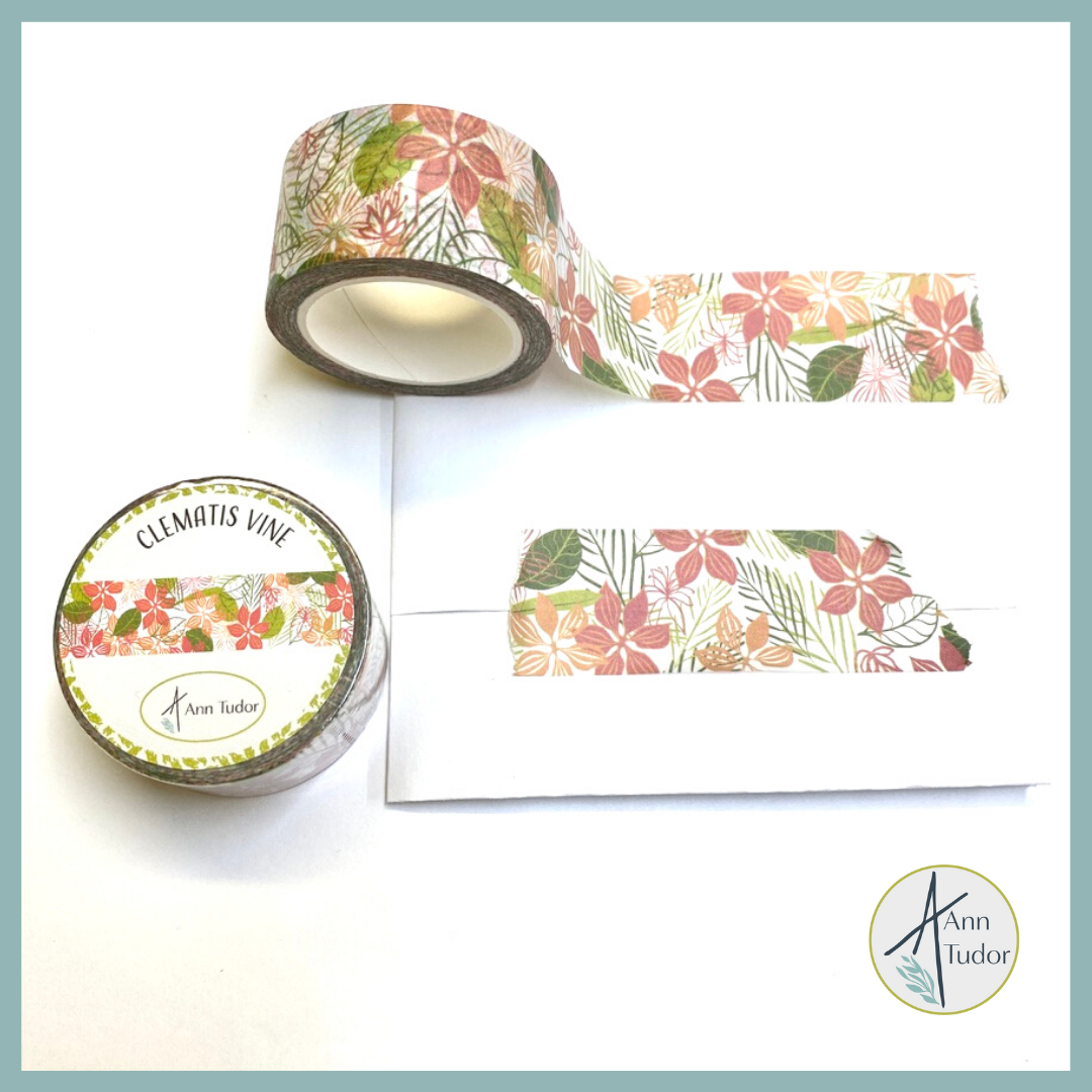 Clematis blossoms and leaves on washi tape roll