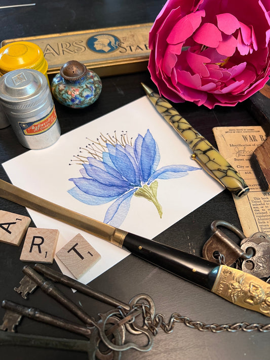 Blue Flower notecard with various vintage items