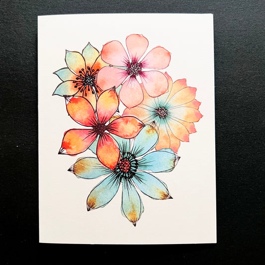 Notecard Set of 5 - Watercolor Coral & Turquoise Flowers