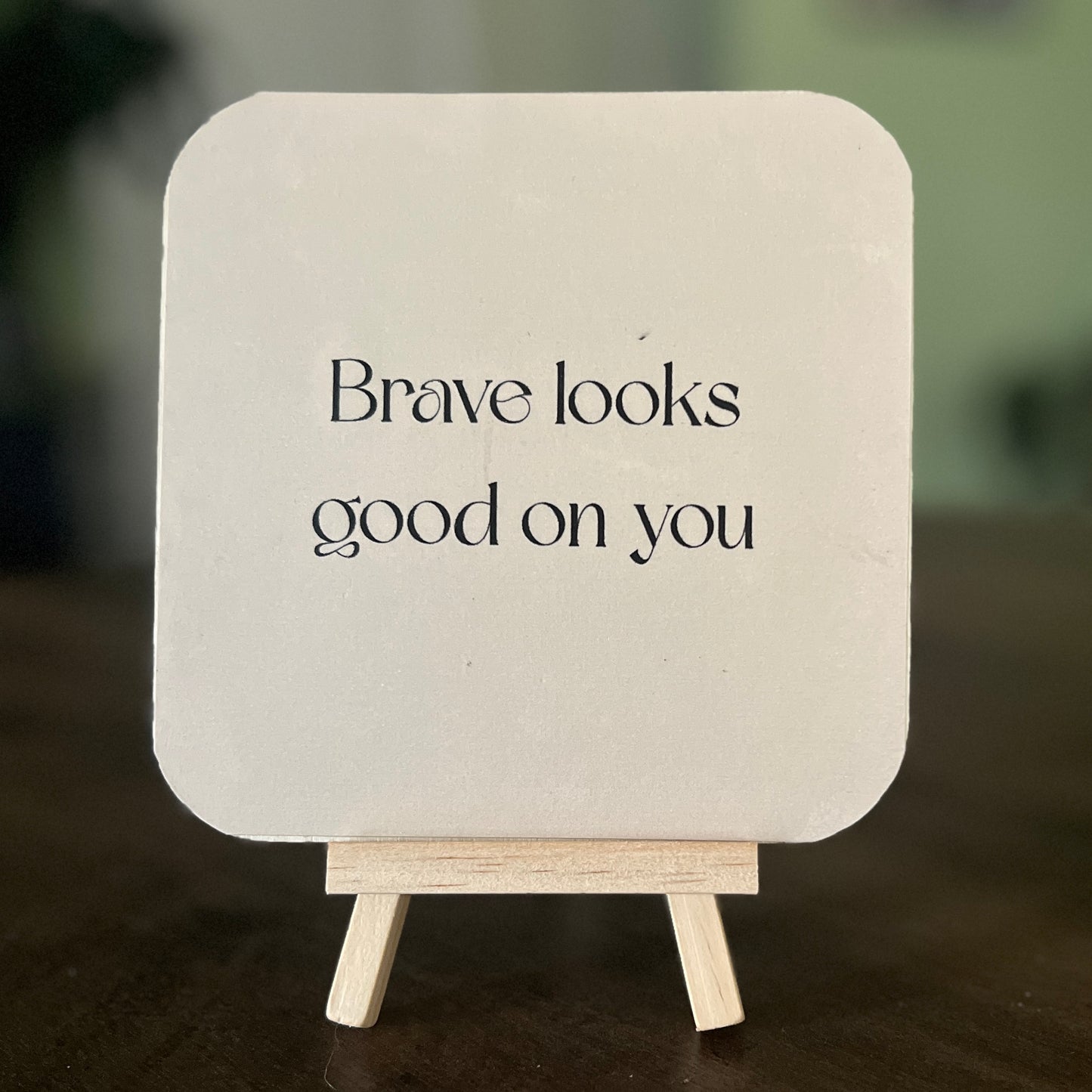 Meaningful 5x5 art board featuring Virginia and her message ‘Brave looks good on you.’ A thoughtful art gift with a mini easel included