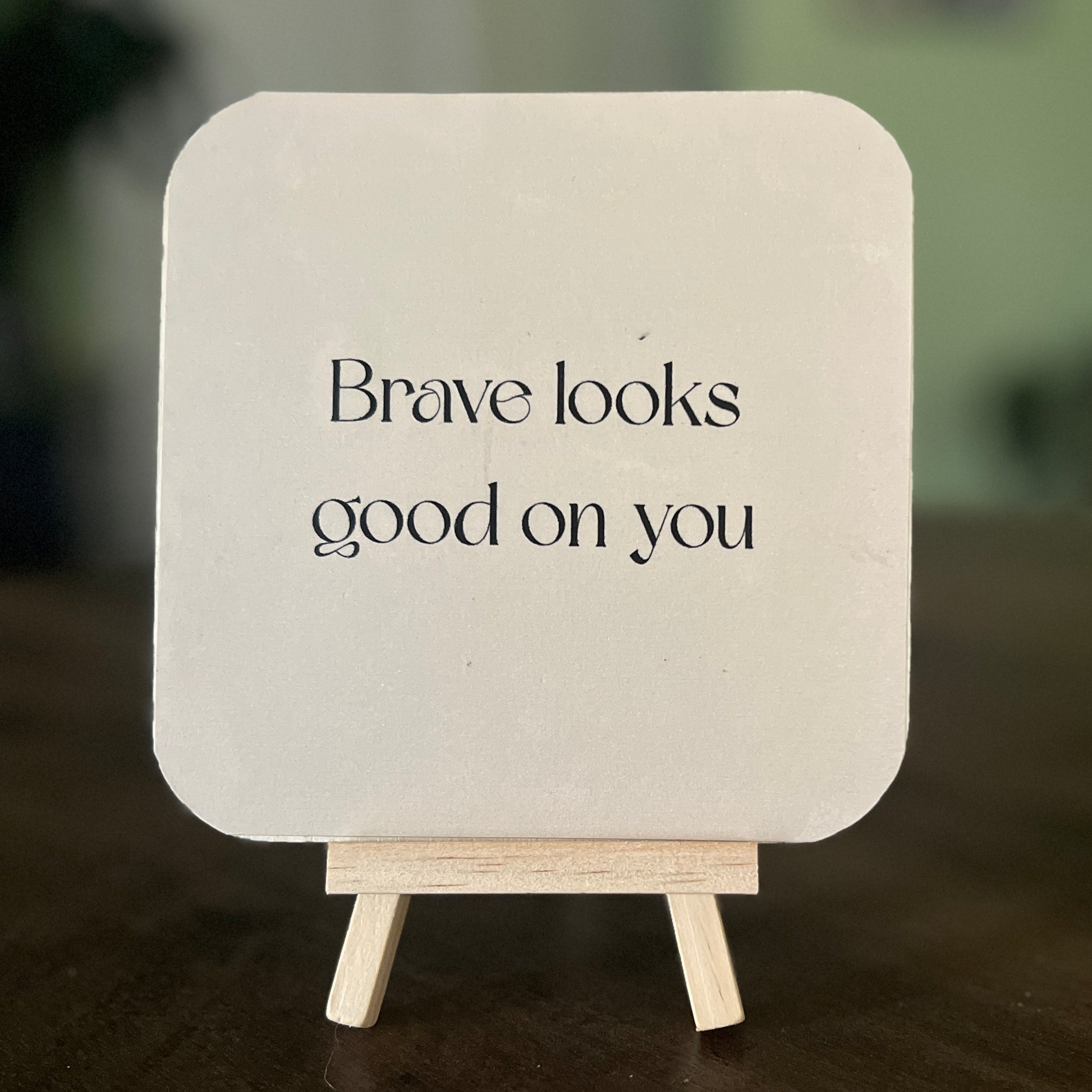 Meaningful 5x5 art board featuring Virginia and her message ‘Brave looks good on you.’ A thoughtful art gift with a mini easel included