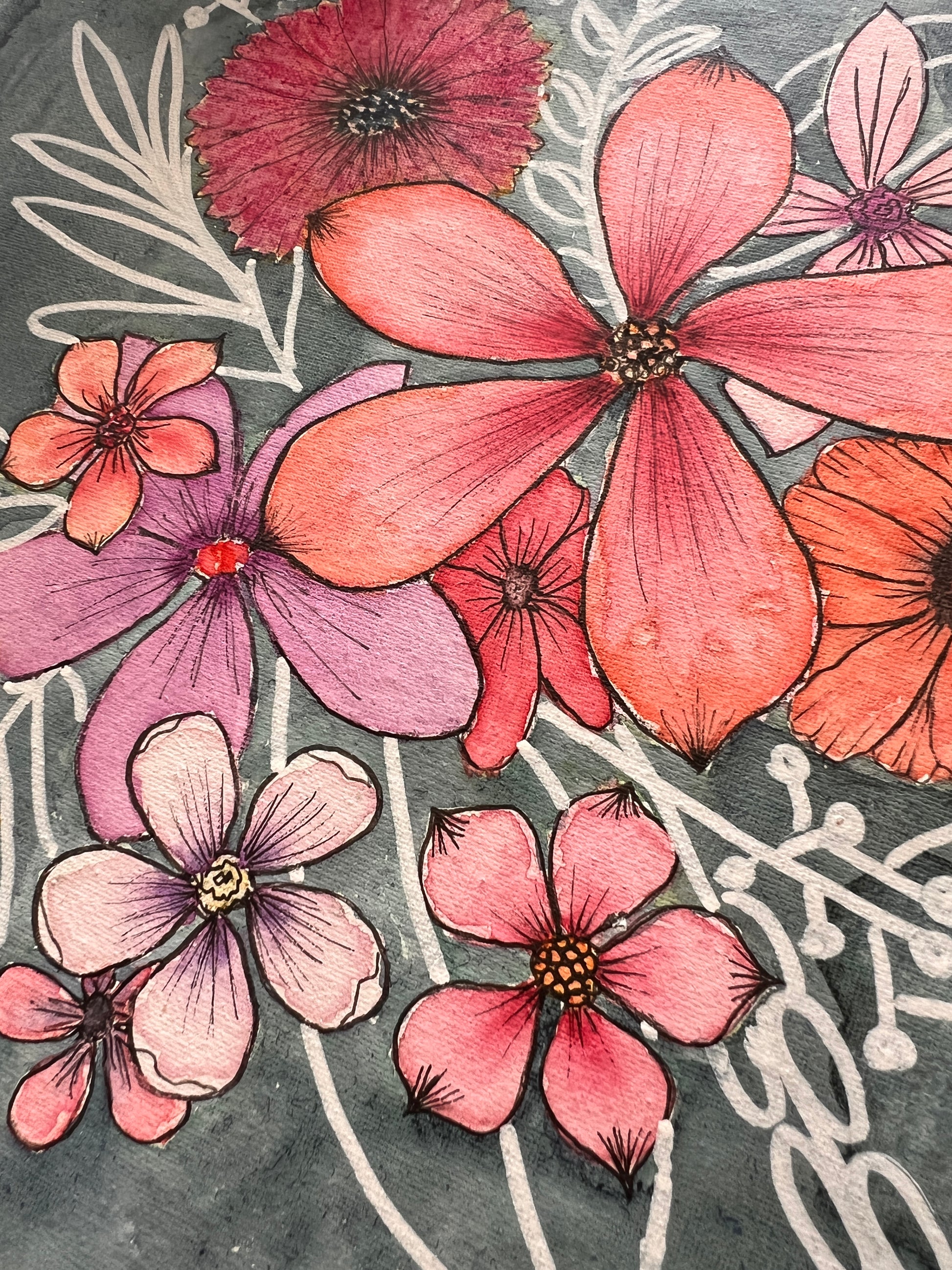Close up of Line & Bloom watercolor & pen floral mixed media on canvas