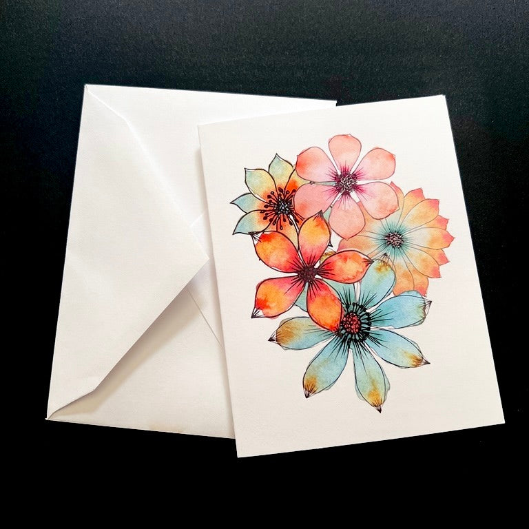 Notecard Set of 5 - Watercolor Coral & Turquoise Flowers