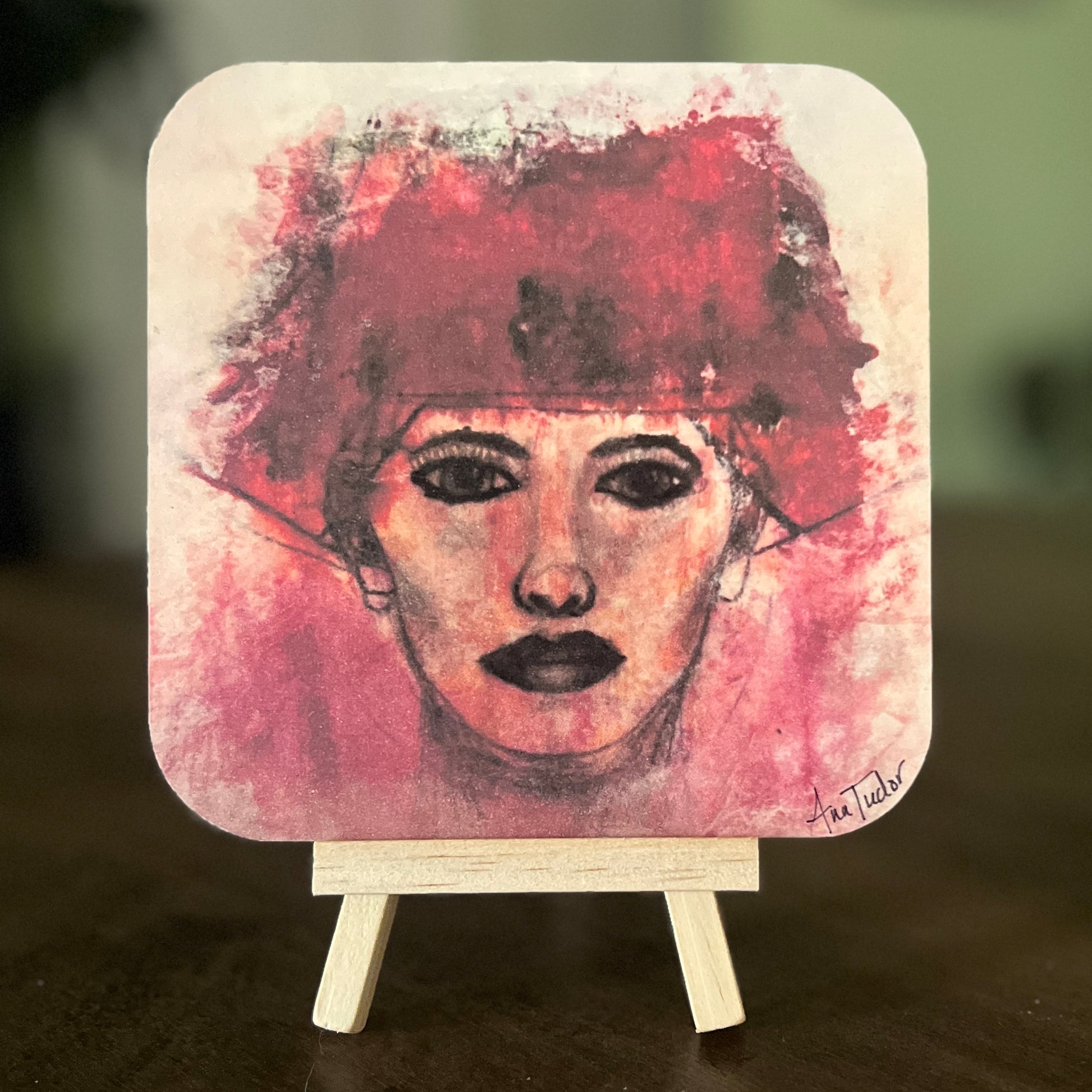 Women + Words art board featuring Estelle, a modern mixed-media portrait mounted on a 5x5 board with a mini easel.