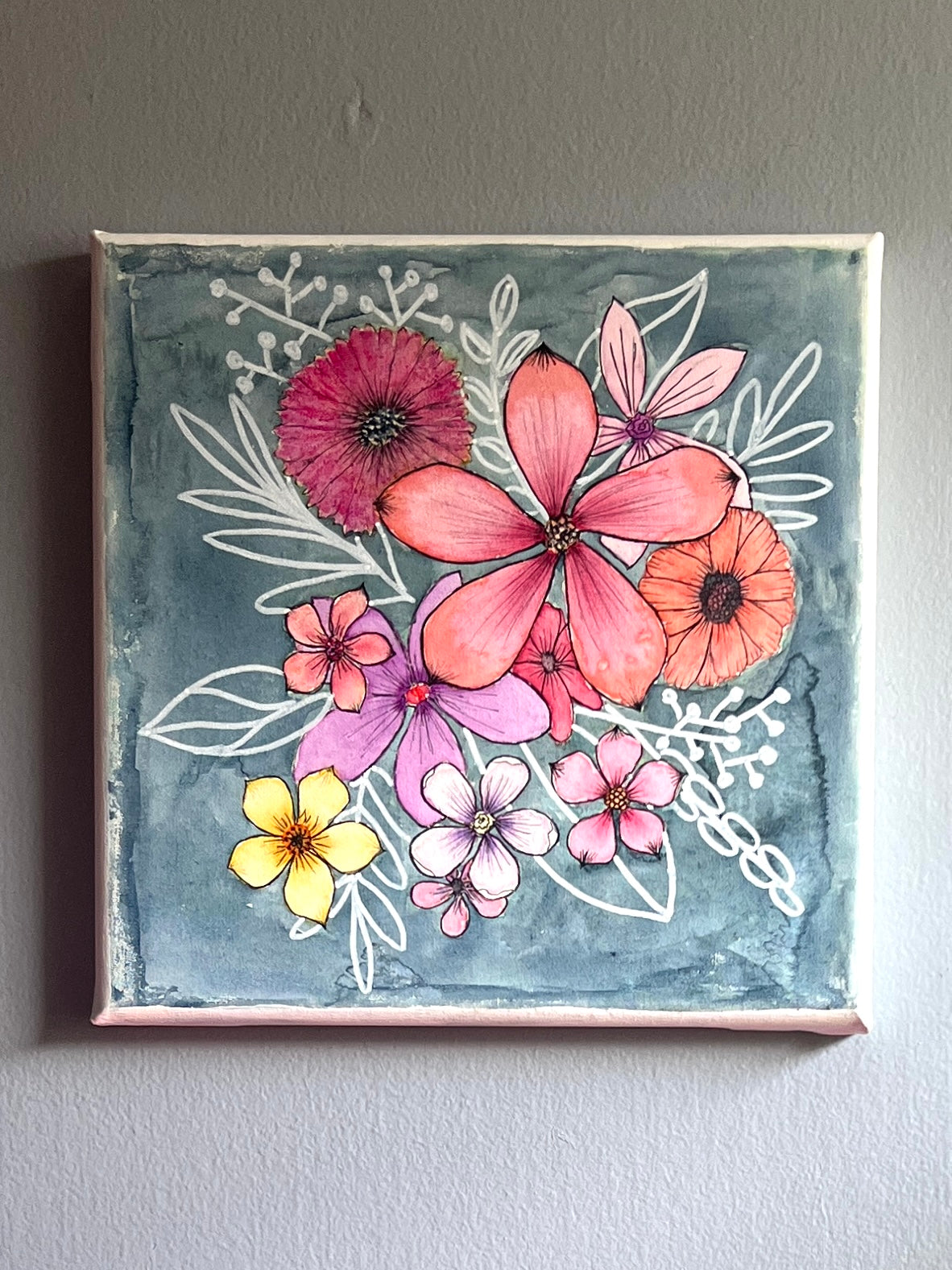 Line & Bloom watercolor and posca pen mixed media artwork hanging on a wall