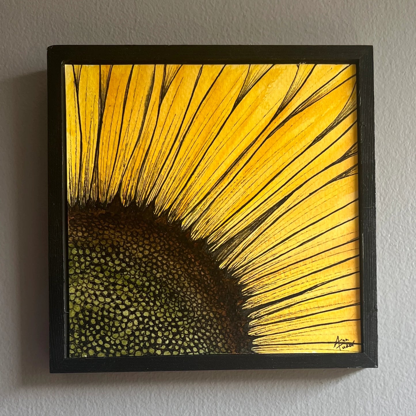 Watercolor with pen artwork of a close up section of a sunflower in a black wood frame