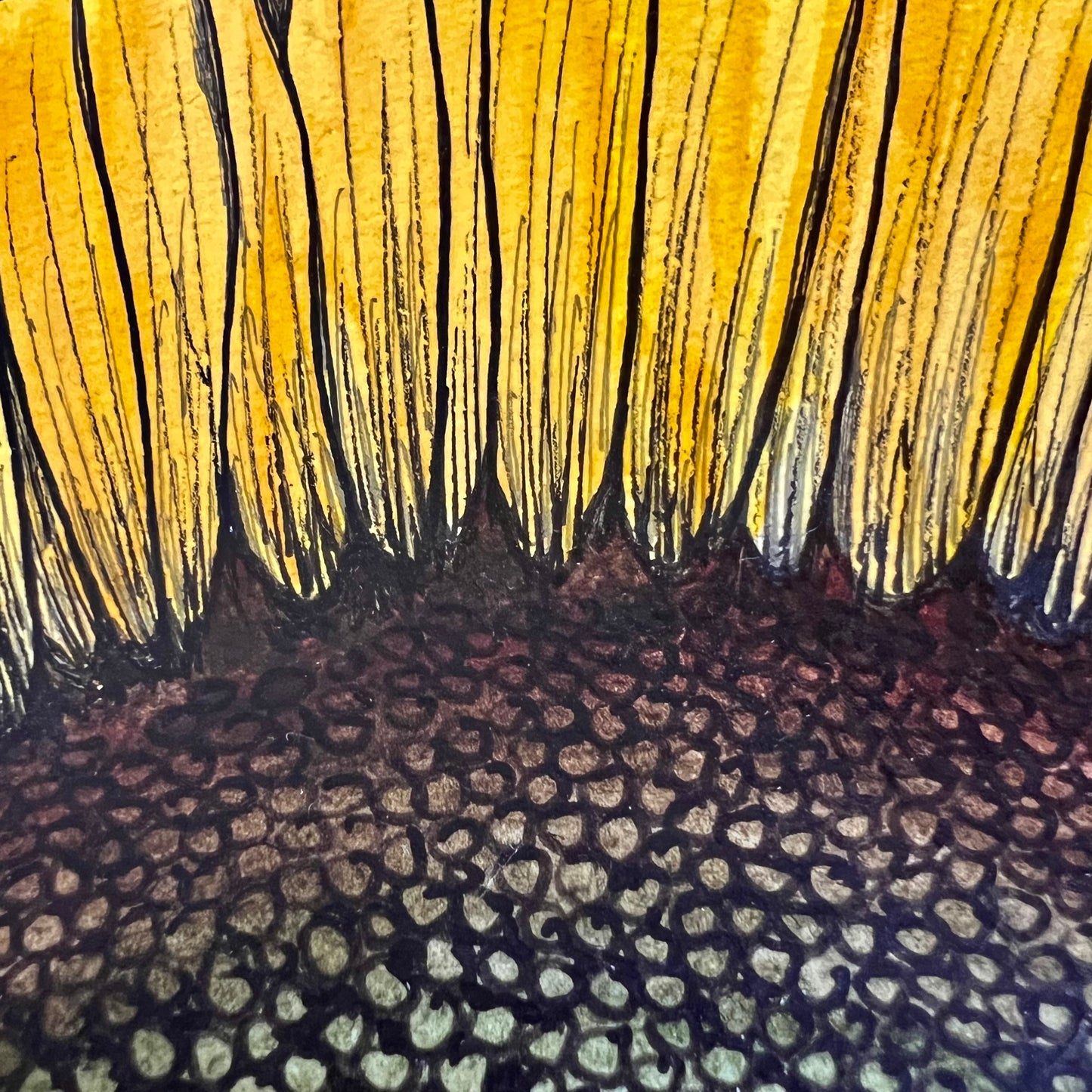 Close up picture of watercolor and pen sunflower showing section of center and where petals attach