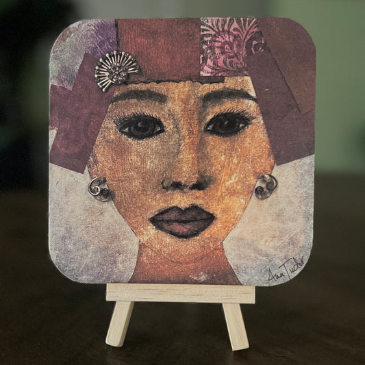 Muriel is a 5x5 mixed-media art board from the Women + Words series — a collectible piece with a hidden message and mini easel.