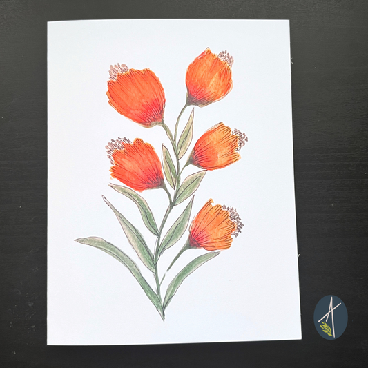 watercolor with orange flowers on a notecard