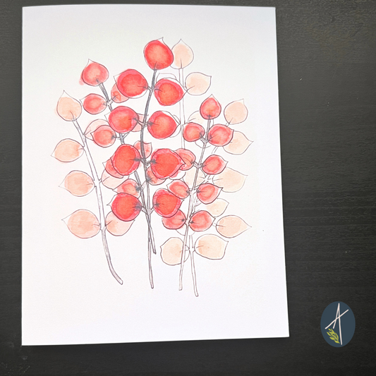 Watercolor Red Coin Flowers Notecard 