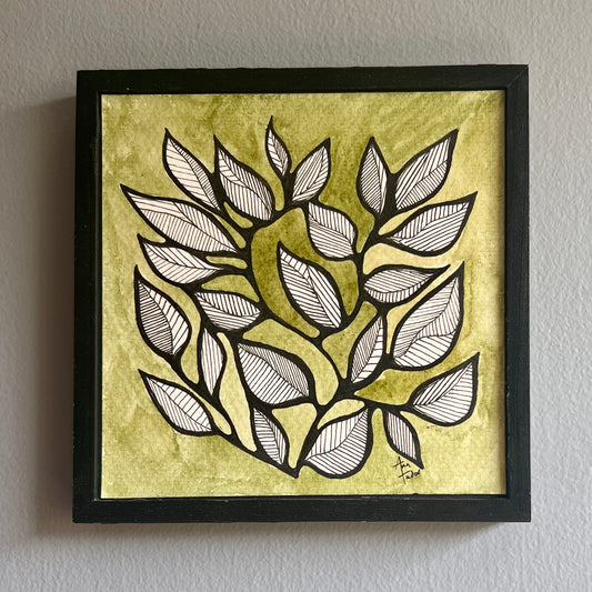 Black pen drawing of stylized leaves on a green watercolor background