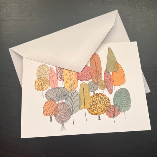 Notecard with the Forest artwork originally done in watecolor and pen with a white envelope.