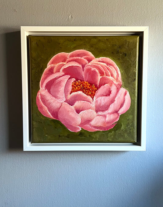 Pink Peony blossom painted in oil paint with a deep green background