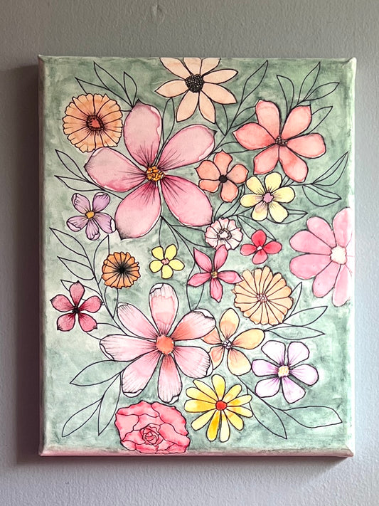 Watercolor on Canvas of scattered flowers